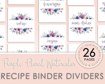 Recipe Binder Dividers - Purple Watercolor - Sweet Summer Designs