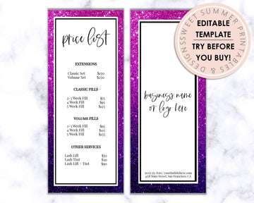 Price List - Lashes - Purple Glitter Drip - Sweet Summer Designs