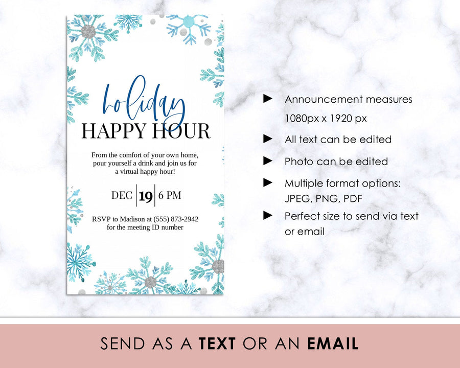 Digital Announcement - Holiday Happy Hour - Blue Snowflakes