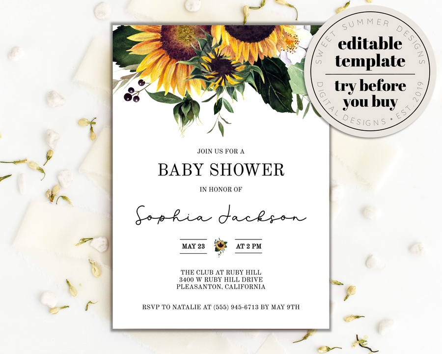 Invitation - Baby Shower - Editable - Sunflower