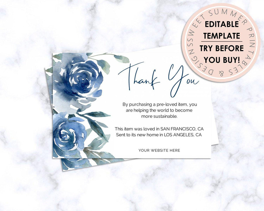 Thank You Card - Online Shop - Blue Floral - Sweet Summer Designs