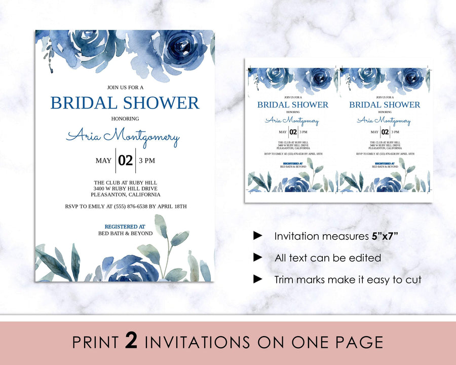 Invitation - Bridal Shower - Editable - Blue Floral - Sweet Summer Designs
