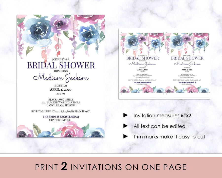 Invitation - Bridal Shower - Editable - Purple Floral - Sweet Summer Designs
