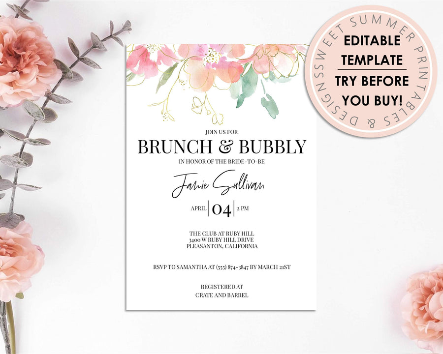 Invitation - Bridal Shower - Editable - Pink & Gold Floral - Sweet Summer Designs