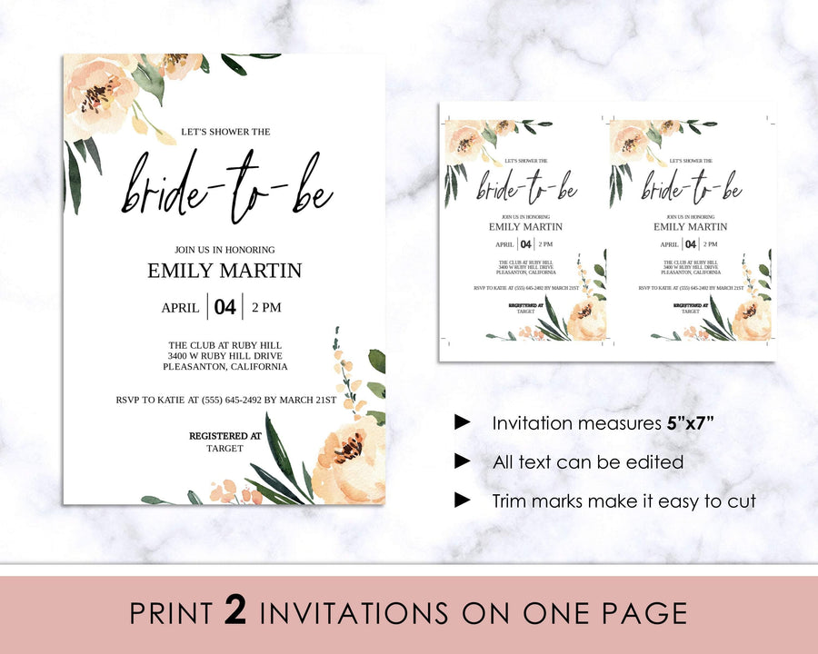 Invitation - Bridal Shower - Editable - Beige Floral - Sweet Summer Designs