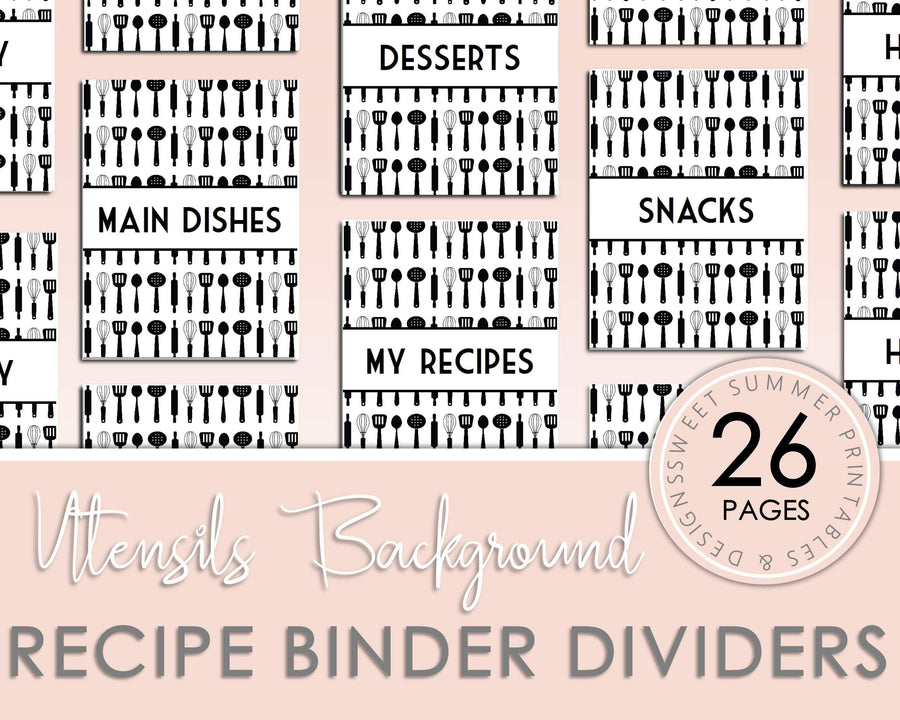 Recipe Binder Dividers - Black Utensils Background - Sweet Summer Designs