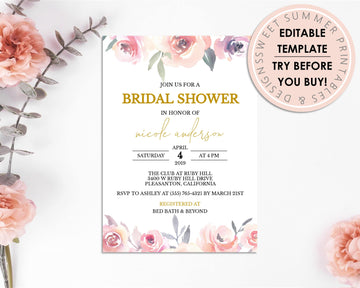 Invitation - Bridal Shower - Editable - Blush Floral - Sweet Summer Designs