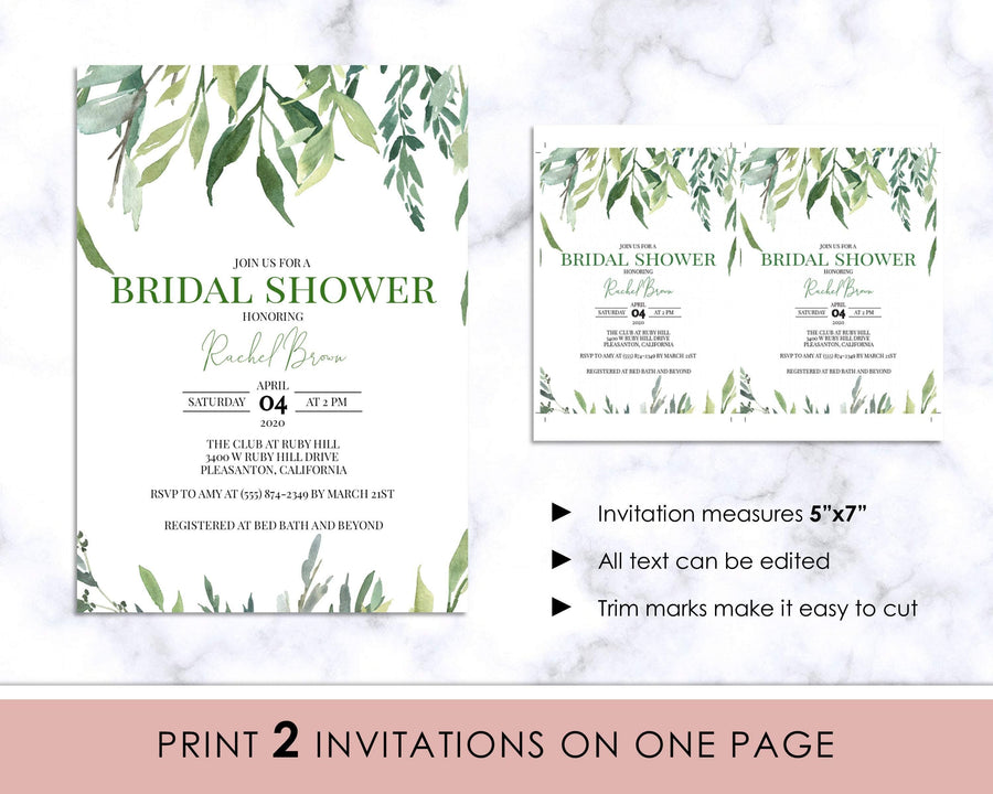 Invitation - Bridal Shower - Editable - Green Leaves - Sweet Summer Designs