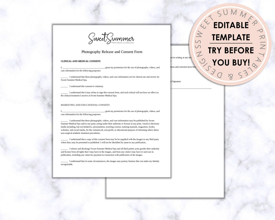 Patient Consent Form - Photo Consent & Release - Bold Lines - Sweet Summer Designs