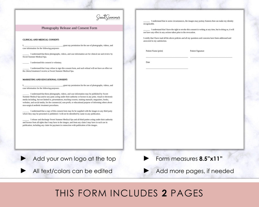Patient Consent Form - Photo Consent & Release - Bold Lines - Sweet Summer Designs