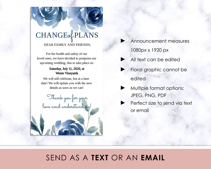 Digital Announcement - Change of Date - Blue Floral - Sweet Summer Designs