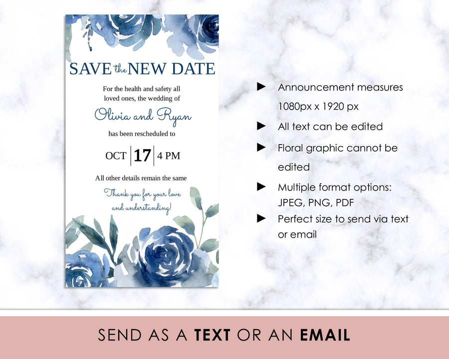 Digital Announcement - Save The Date - Blue Floral - Sweet Summer Designs
