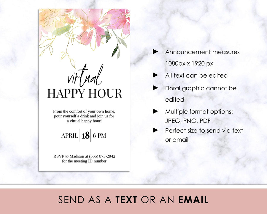 Digital Announcement - Virtual Happy Hour - Pink Floral - Sweet Summer Designs