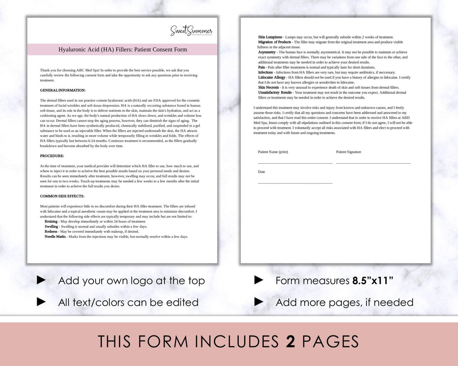 Patient Consent Form - Fillers - Bold Line - Sweet Summer Designs