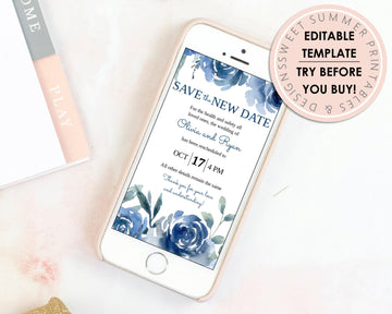 Digital Announcement - Save The Date - Blue Floral - Sweet Summer Designs