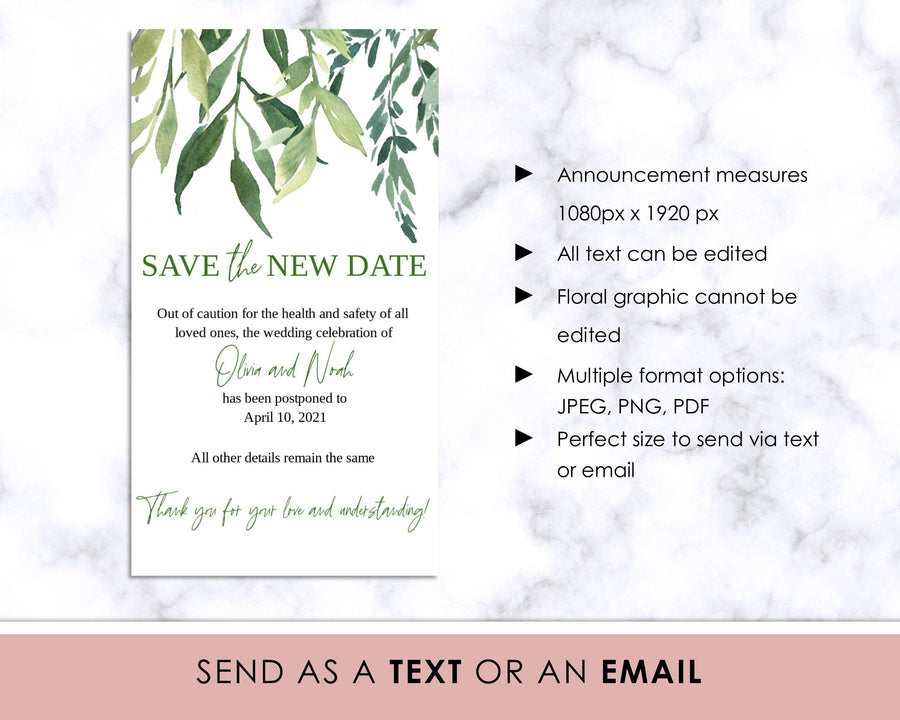 Digital Announcement - Save The Date - Green Leaves - Sweet Summer Designs