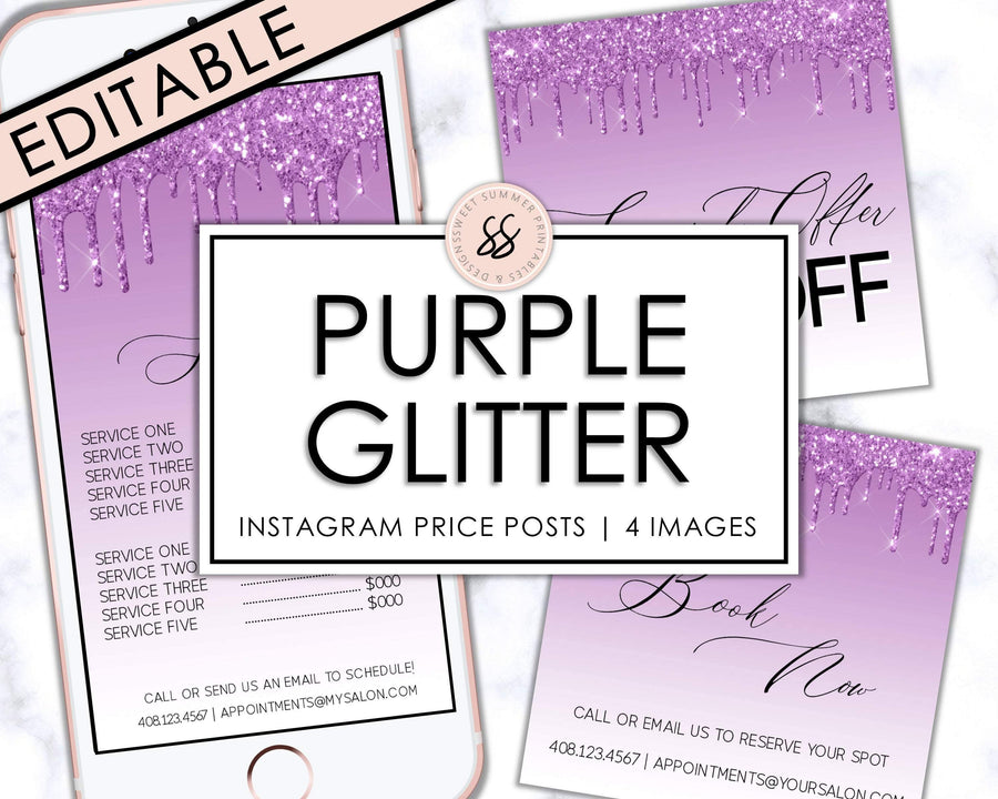 Editable Instagram Posts - Price List - Purple Glitter Drip - Sweet Summer Designs
