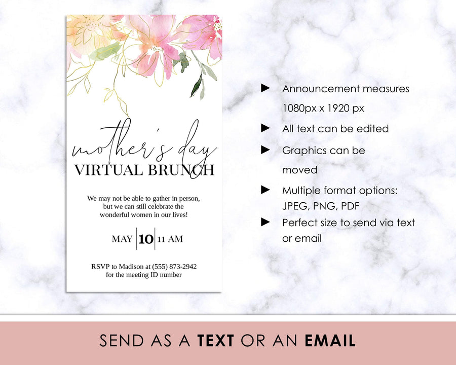 Digital Invitation - Mother's Day Brunch - Pink Floral - Sweet Summer Designs