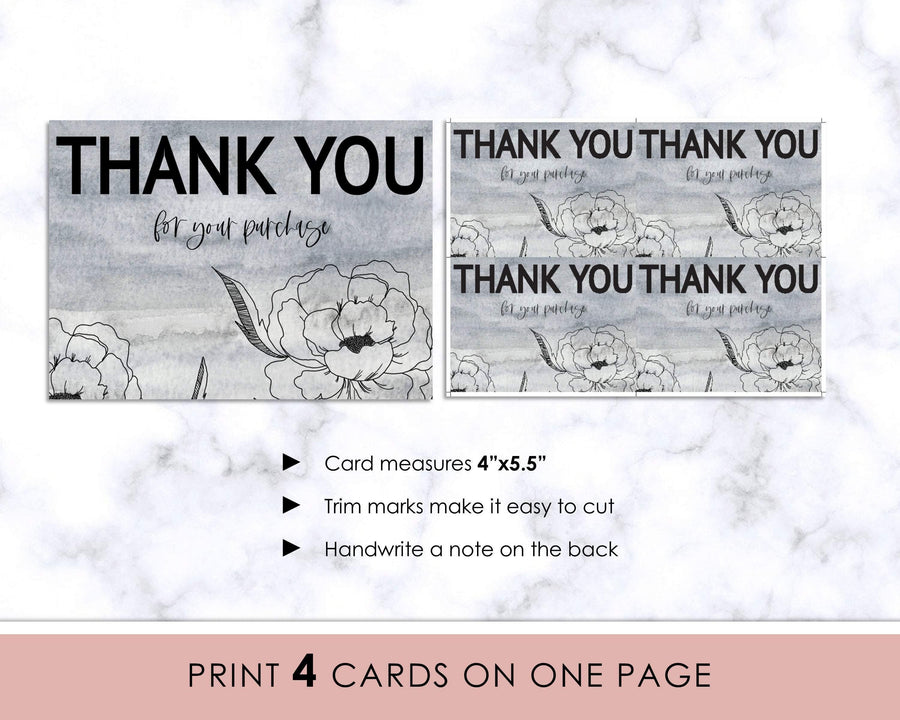 Thank You Card - Gray Floral - Sweet Summer Designs