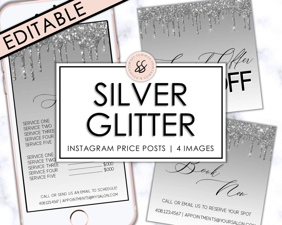 Editable Instagram Posts - Price List - Silver Glitter Drip - Sweet Summer Designs