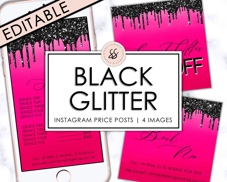 Editable Instagram Posts - Price List - Black Glitter Drip - Sweet Summer Designs