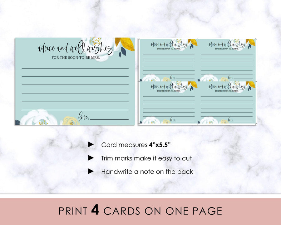 Bridal Shower Game - Advice Cards - Printable - White Teal Floral - Sweet Summer Designs