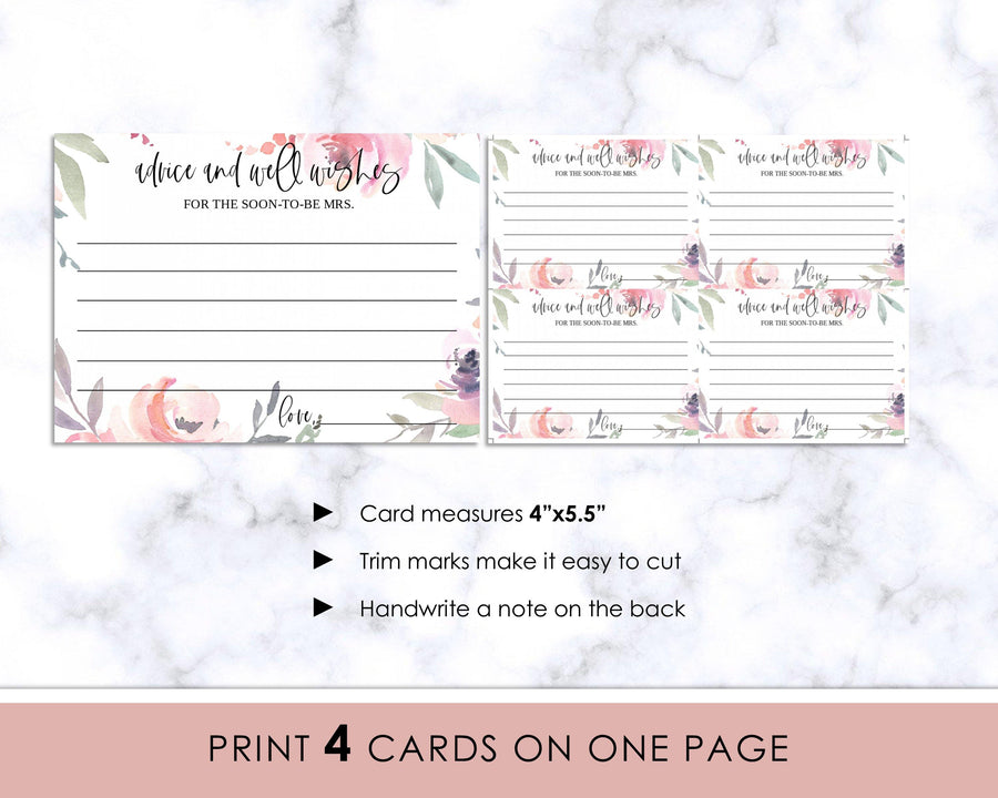 Bridal Shower Game - Advice Cards - Printable - Blush Floral - Sweet Summer Designs