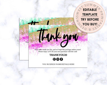 Thank You Card - Business - Editable - Glitter Splash - Sweet Summer Designs