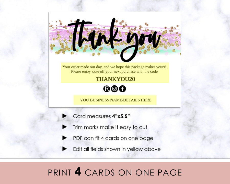 Thank You Card - Business - Editable - Unicorn Glitter - Sweet Summer Designs