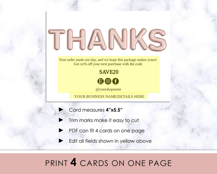Thank You Card - Business - Editable - Rose Gold Balloons - Sweet Summer Designs