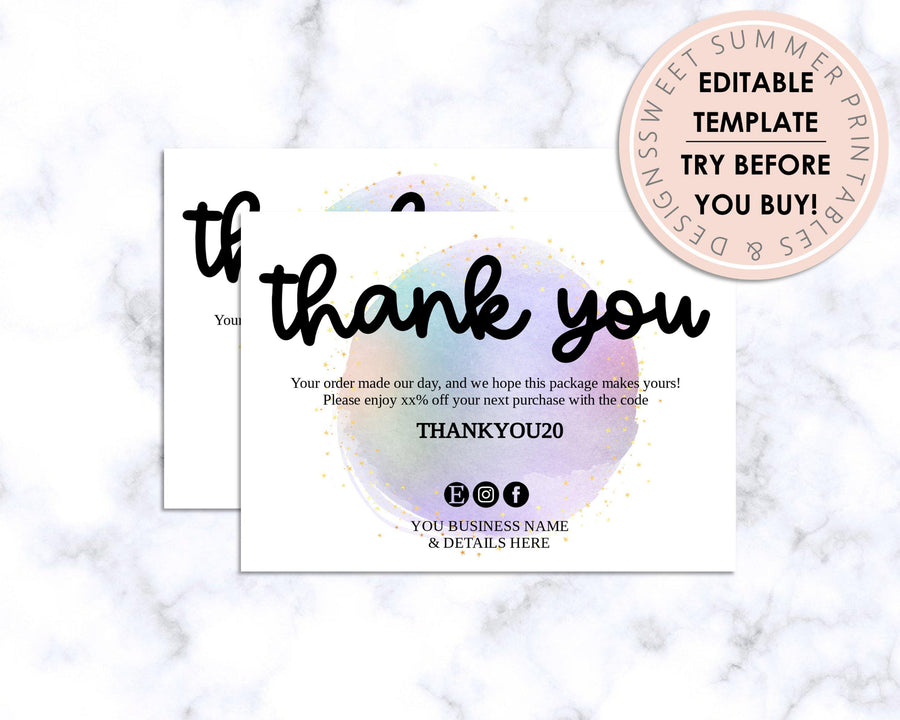 Thank You Card - Business - Editable - Watercolor Circle - Sweet Summer Designs