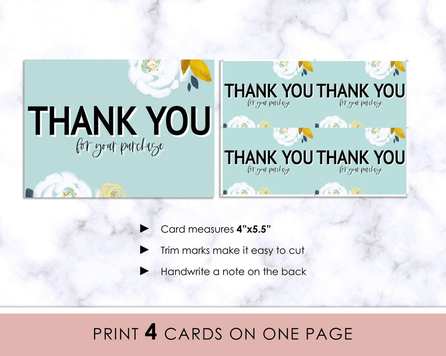 Thank You Card - White Teal Floral - Sweet Summer Designs