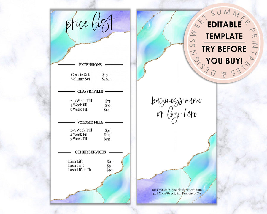 Price List - Lashes - Blue Marble - Sweet Summer Designs