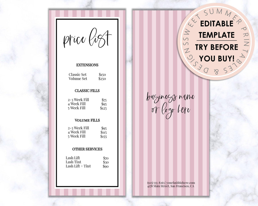 Price List - Lashes - Pink Stripes - Sweet Summer Designs