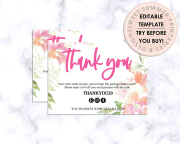 Thank You Card - Business - Editable - Pink Gold Floral - Sweet Summer Designs