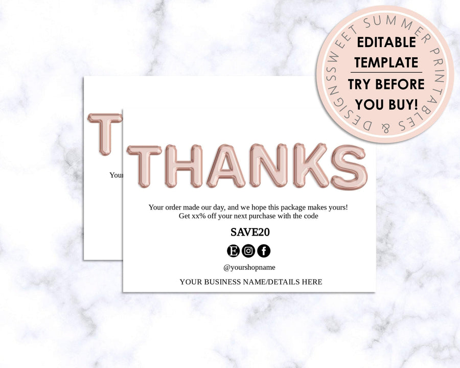 Thank You Card - Business - Editable - Rose Gold Balloons - Sweet Summer Designs