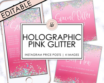Editable Instagram Posts - Price List - Pink Holographic Glitter - Sweet Summer Designs