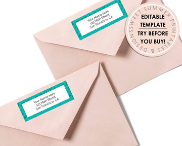 Editable Return Address Label - Teal Glitter Stripes - Sweet Summer Designs