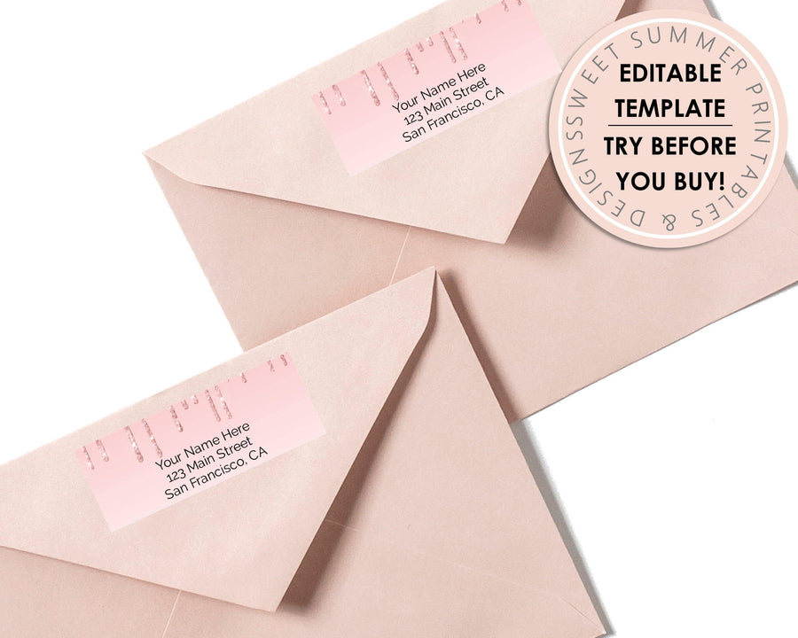 Editable Return Address Label - Pink Glitter Drip - Sweet Summer Designs