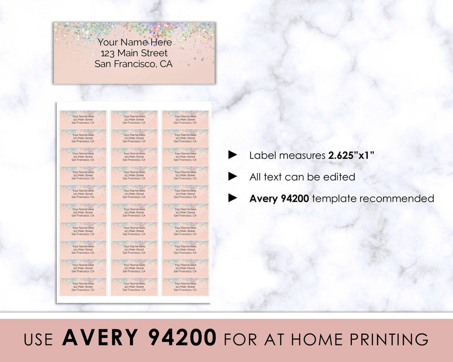 Editable Return Address Label - Blush Holographic Glitter - Sweet Summer Designs