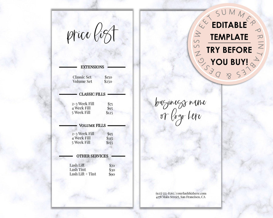 Price List - Lashes - White Marble - Sweet Summer Designs