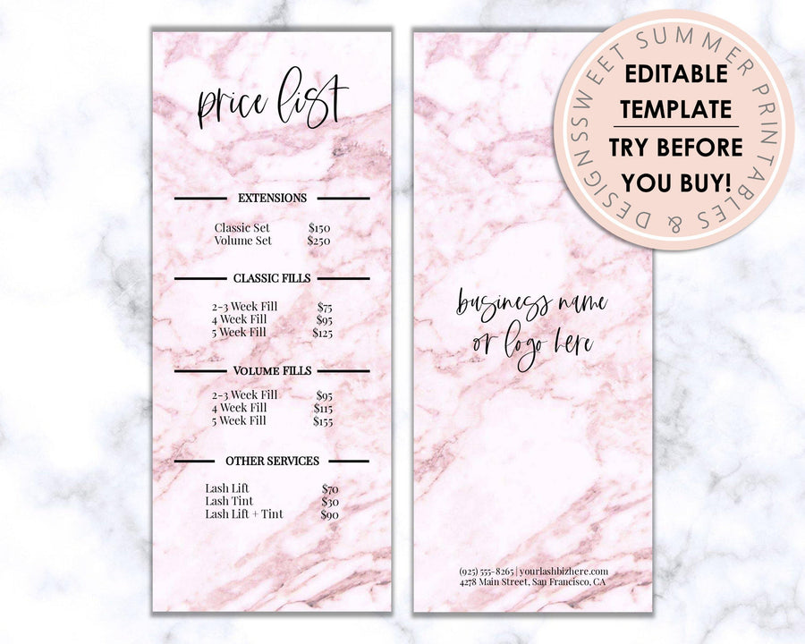 Price List - Lashes - Pink Marble - Sweet Summer Designs