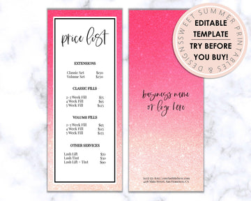 Price List - Lashes - Pink Glitter - Sweet Summer Designs