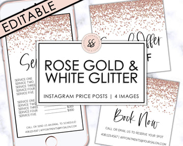 Editable Instagram Posts - Price List - Rose Gold and White Glitter - Sweet Summer Designs