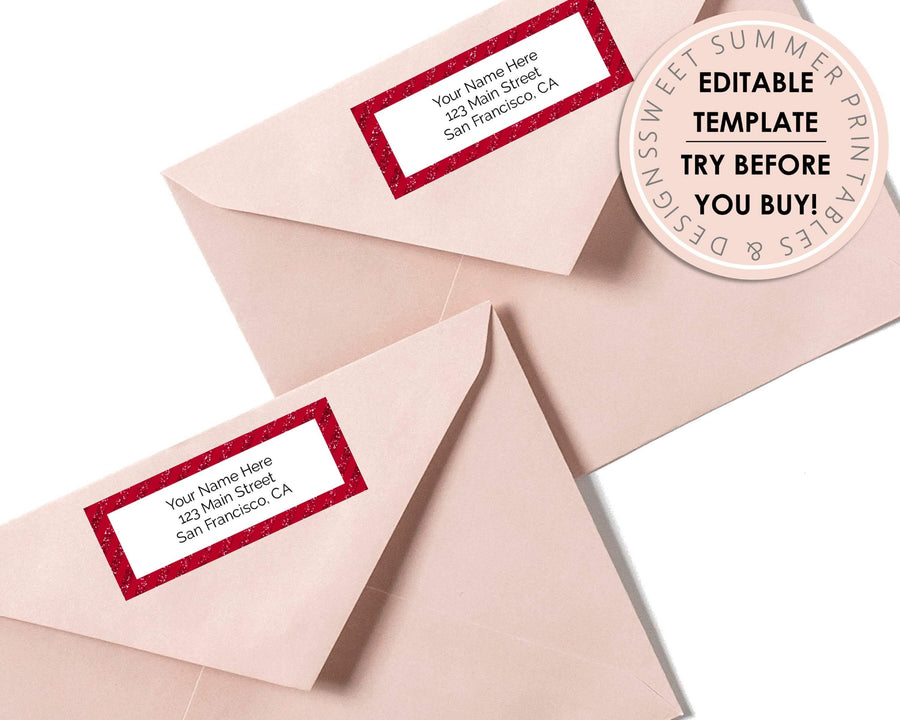 Editable Return Address Label - Red Glitter Stripes - Sweet Summer Designs