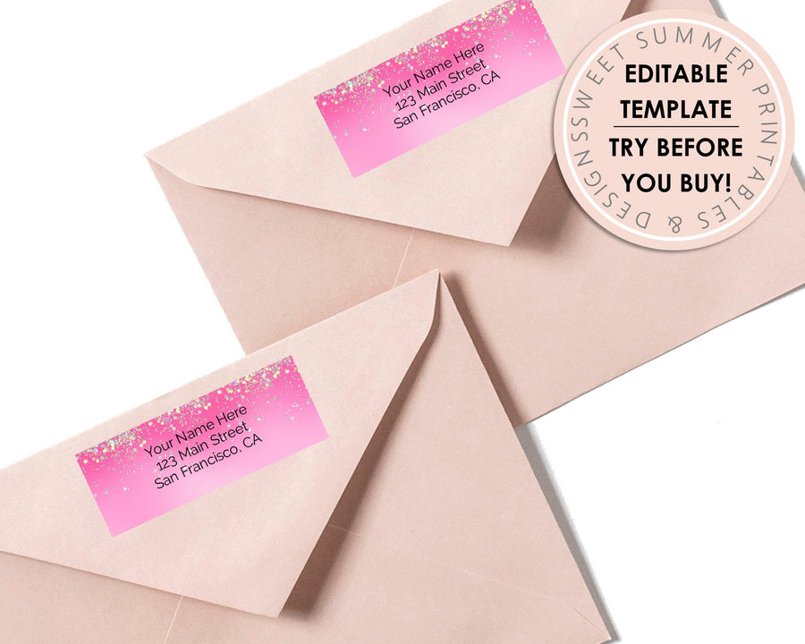 Editable Return Address Label - Pink Holographic Glitter - Sweet Summer Designs