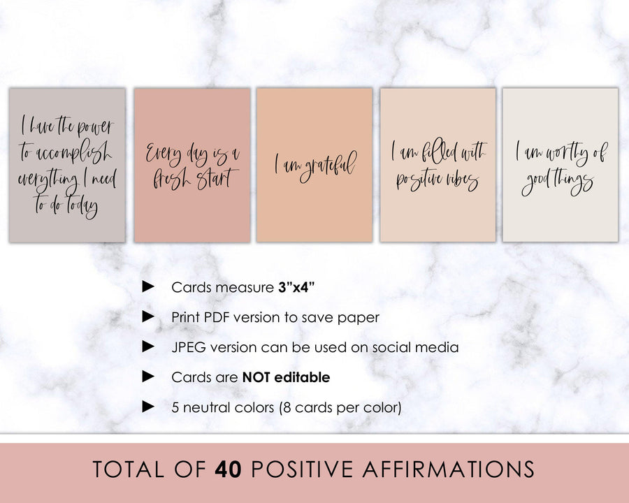 40 Positive Affirmation Cards - Neutrals - Sweet Summer Designs