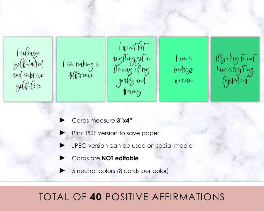 40 Positive Affirmation Cards - Mint Green - Sweet Summer Designs