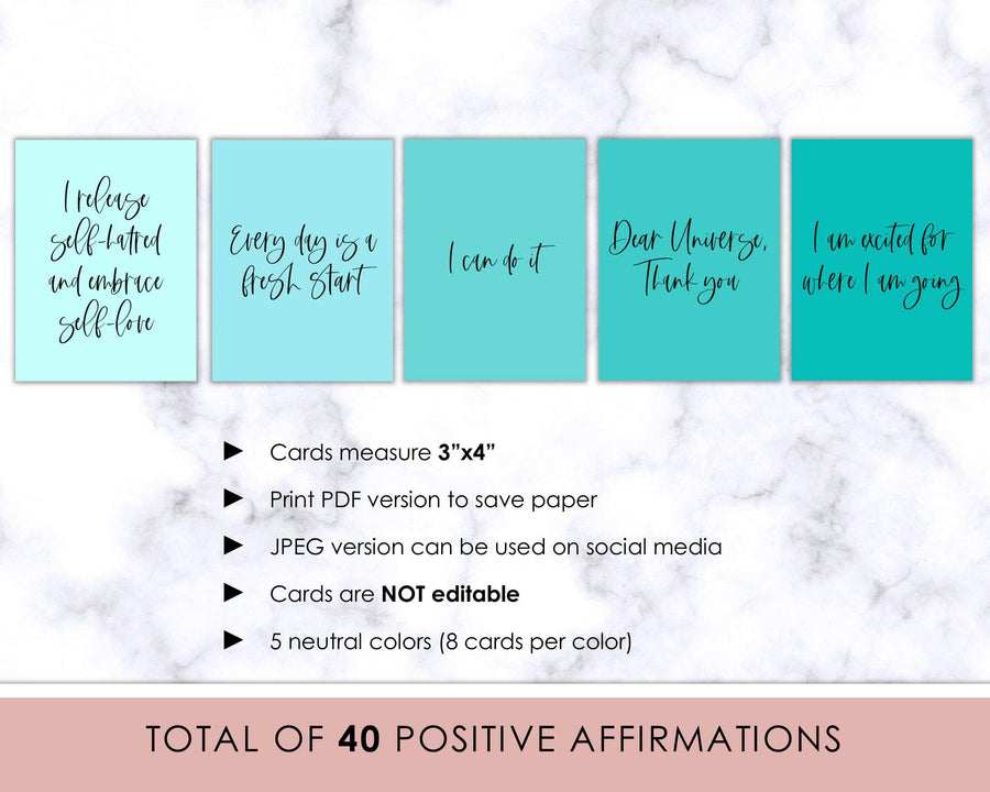 40 Positive Affirmation Cards - Turquoise - Sweet Summer Designs