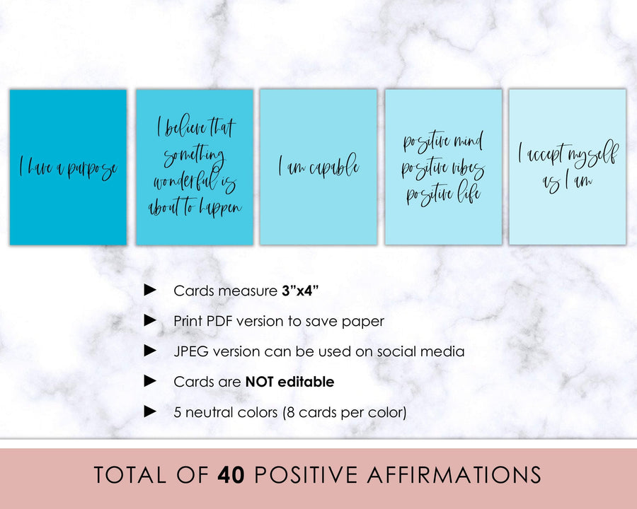 40 Positive Affirmation Cards - Cool Blue - Sweet Summer Designs